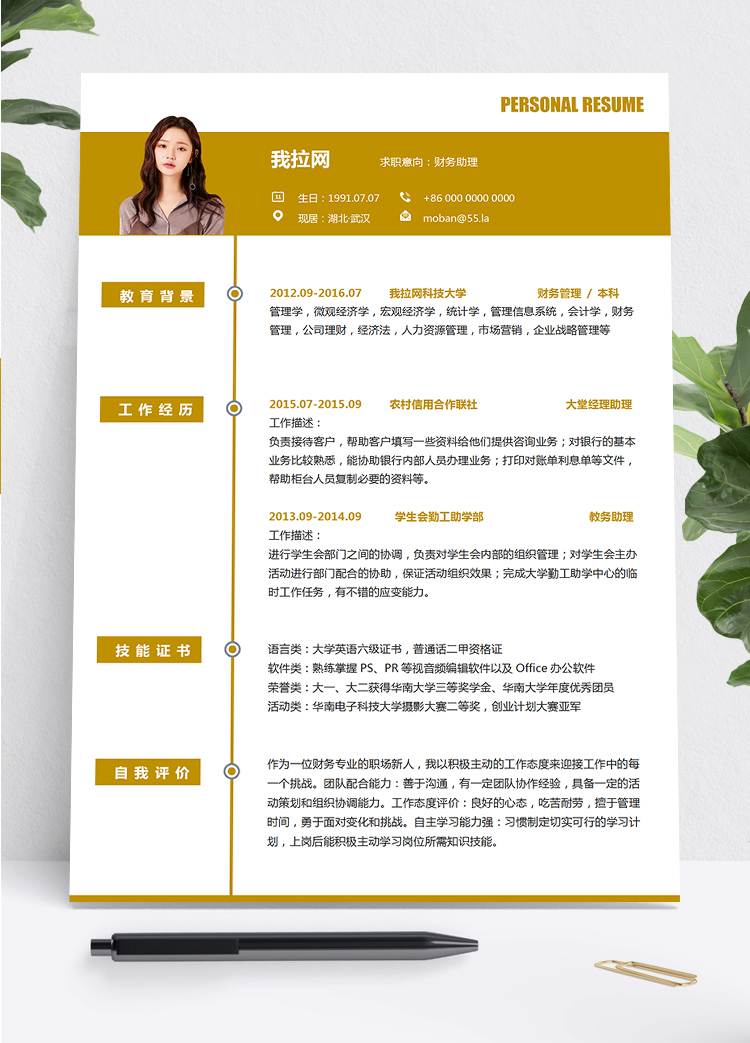 黃色簡約實用財務助理會計2年工作經驗簡歷word模板