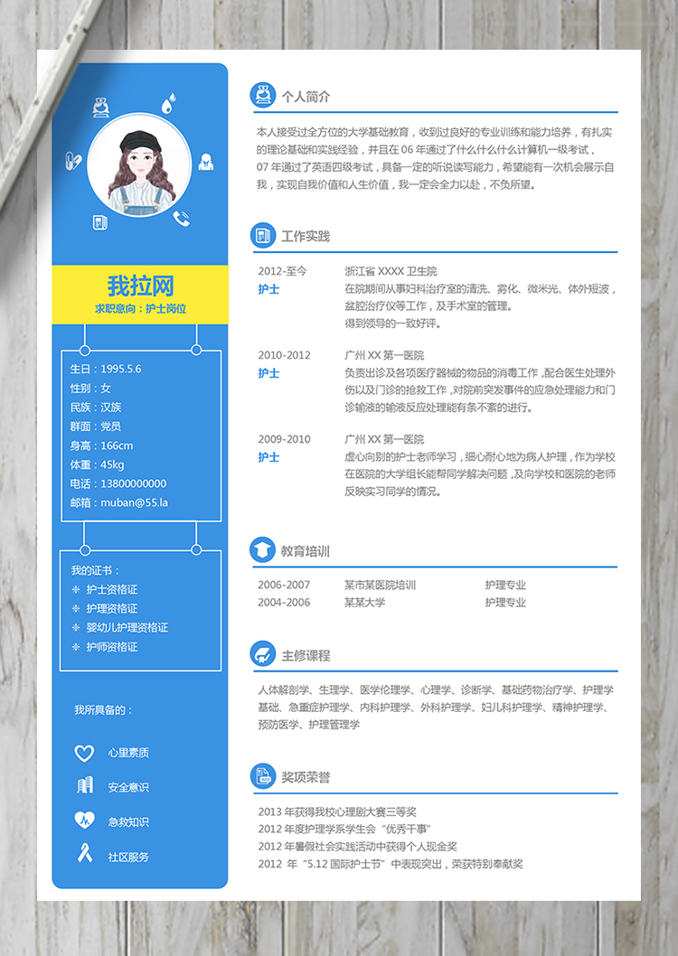 藍色明朗風格護士護理簡歷模板-1