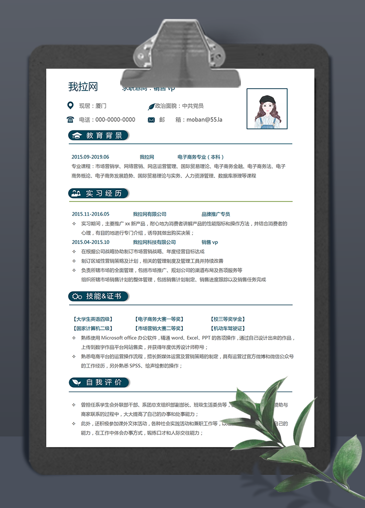 藍綠色簡約銷售vp個人簡歷模板