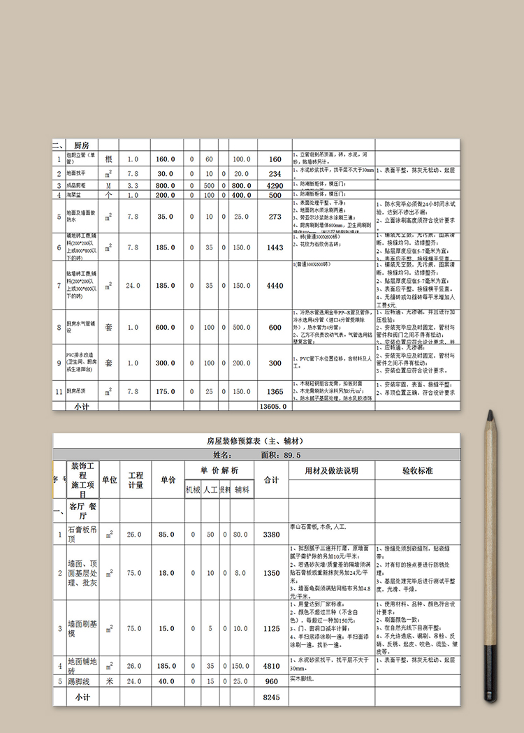 房屋裝修預(yù)算表