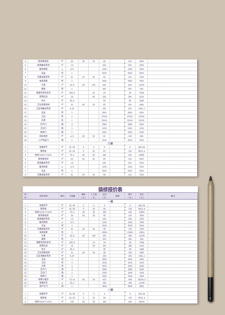 家庭裝修報價表